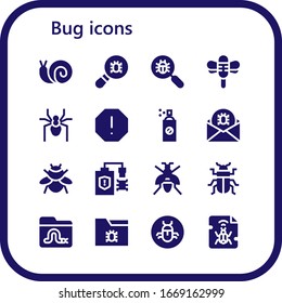 Modern Simple Set of bug Vector filled Icons. Contains such as Snail, Virus, Virus search, Dragonfly, Spider, Spam, Insecticide and more Fully Editable and Pixel Perfect icons.