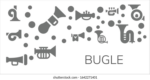 Modern Simple Set of bugle Vector filled Icons. Contains such as French horn, Horn, Trumpet, Trombone and more Fully Editable and Pixel Perfect icons.