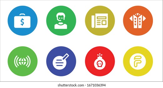 Modern Simple Set of business Vector filled Icons. Contains such as Briefcase, Worldwide, Operator, Writer, Newspaper, Bomb, Tshirt and more Fully Editable and Pixel Perfect icons.