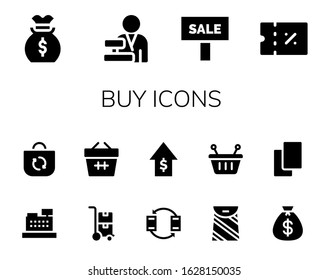 Modern Simple Set of buy Vector filled Icons. Contains such as Money bag, Cashier, Sale, Coupon, Bag, Trolley, Basket, Transfer and more Fully Editable and Pixel Perfect icons.
