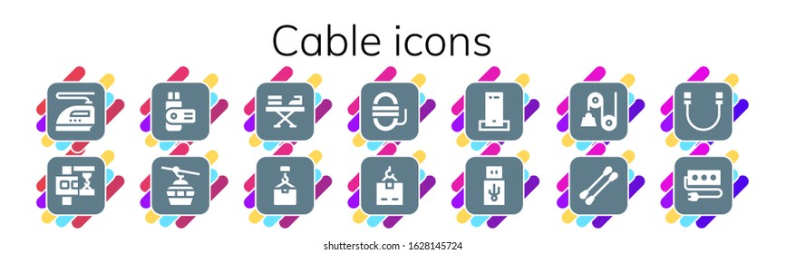 Modern Simple Set of cable Vector filled Icons. Contains such as Iron, Crane, Usb, Cableway, Rope, Charger, Pulley, Earbuds, Socket and more Fully Editable and Pixel Perfect icons.
