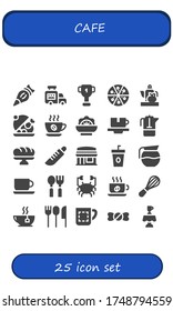 Modern Simple Set of cafe Vector filled Icons. Contains such as Pastry bag, Ice cream van, Cup, Pizza, Teapot, Salver, Coffee and more Fully Editable and Pixel Perfect icons.