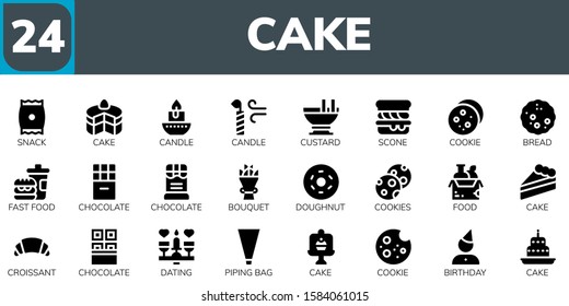 Modern Simple Set of cake Vector filled Icons. Contains such as Snack, Cake, Candle, Custard, Scone, Cookie, Bread, Fast food and more Fully Editable and Pixel Perfect icons.