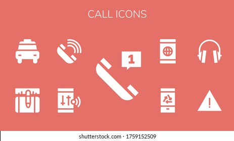 Modern Simple Set of call Vector filled Icons. Contains such as Telephone, Smartphone, Taxi, Alert, Headphones, Mobile and more Fully Editable and Pixel Perfect icons.