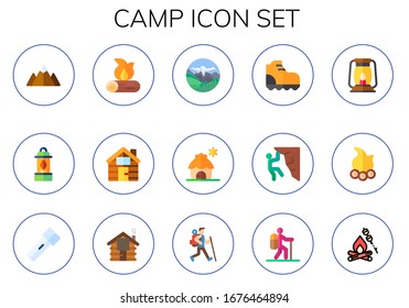 Modern Simple Set of camp Vector flat Icons. Contains such as mountain, lantern, firewood, cabin, mountains, climbing, campfire and more Fully Editable and Pixel Perfect icons.