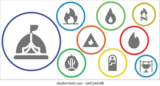 Modern Simple Set of campfire Vector filled Icons. Contains such as Tent, Fire, Sleeping bag, Bonfire and more Fully Editable and Pixel Perfect icons.
