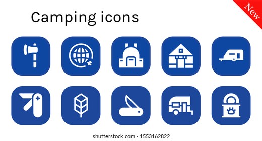 Modern Simple Set of camping Vector filled Icons. Contains such as Ax, Travel, Backpack, Tent, Caravan, Pocket knife, Jungle disk and more Fully Editable and Pixel Perfect icons.