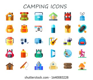 Modern Simple Set of camping Vector flat Icons. Contains such as cabin, backpack, portable fridge, camping gas, caravan, thermo and more Fully Editable and Pixel Perfect icons.