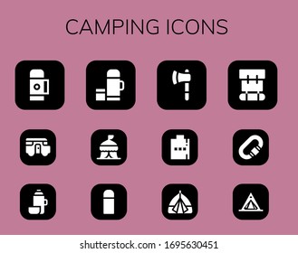 Modern Simple Set of camping Vector filled Icons. Contains such as Thermo, Caravan, Tent, Ax, Hip flask, Backpack, Carabiner and more Fully Editable and Pixel Perfect icons.