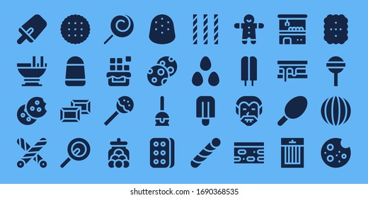 Modern Simple Set of candy Vector filled Icons. Contains such as Popsicle, Custard, Cookie, Liquorice, Biscuit, Candy, Chocolate and more Fully Editable and Pixel Perfect icons.