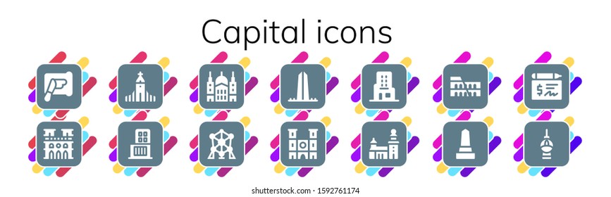 Modern Simple Set of capital Vector filled Icons. Contains such as Spreading, Notre dame, Hallgrimskirkja, Shopping center, Saint paul and more Fully Editable and Pixel Perfect icons.
