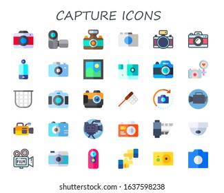Modern Simple Set of capture Vector flat Icons. Contains such as camera, photo camera, photo, net, movie camera, photograph and more Fully Editable and Pixel Perfect icons.