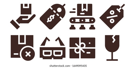 Moderne einfache Set von Pappe Vektorillustration gefüllt Symbole. Enthält u. a. Package, 3D-Brillen, Preisetikett, Conveyor, Fragile, Tag und mehr vollständig bearbeitbare und Pixel perfekte Symbole.