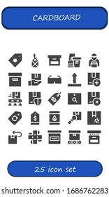 Moderno y simple conjunto de iconos llenos de vectores de cartón. Contiene como etiqueta de precio, paquete, caja, vaso de papel, manual de entrega, lentes 3d y más iconos Totalmente editables y Pixel Perfect.