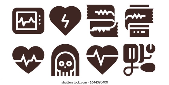 Modern Simple Set of cardiac Vector filled Icons. Contains such as Cardiogram, Electrocardiogram, Death, Defibrillator, Heartbeat and more Fully Editable and Pixel Perfect icons.
