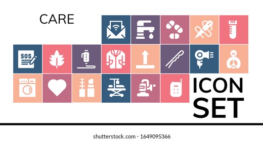 Modern Simple Set of care Vector filled Icons. Contains such as Feed, Support, Laundry, Heart, Make up, Hospitalization, Polisher and more Fully Editable and Pixel Perfect icons.