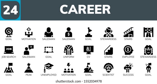 Modern Simple Set of career Vector filled Icons. Contains such as Goal, Motivation, Salesman, Stewardess, Stairs, Job search, Uniform and more Fully Editable and Pixel Perfect icons.