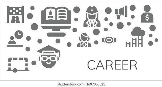 Modern Simple Set of career Vector filled Icons. Contains such as Goal, Recruitment, Employee, Stewardess, Champion belt, Scientist and more Fully Editable and Pixel Perfect icons.