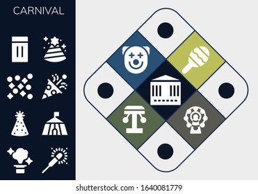 Modern Simple Set of carnival Vector filled Icons. Contains such as Carousel, Magic, Sparkler, Party hat, Circus, Confetti, Inflatable and more Fully Editable and Pixel Perfect icons.