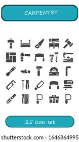 Modern Simple Set of carpentry Vector filled Icons. Contains such as Hammer, Saw, Floor, Screw, Adze, Chisel, Wood, Allen keys and more Fully Editable and Pixel Perfect icons.