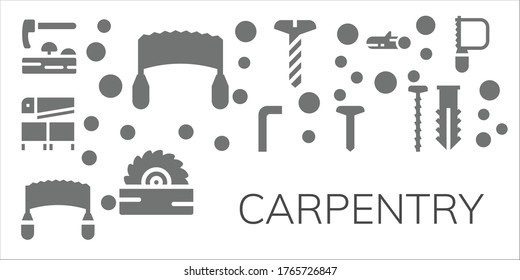 Modern Simple Set of carpentry Vector filled Icons. Contains such as Adze, Saw, Allen keys, Screw, Wood and more Fully Editable and Pixel Perfect icons.