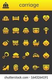 Modern Simple Set of carriage Vector filled Icons. Contains such as Baby bag, Baby hat, Crib, Baby bib, Wagon, Carriage and more Fully Editable and Pixel Perfect icons.