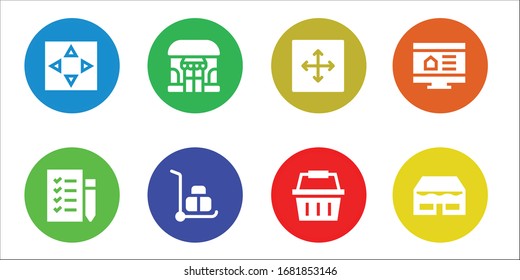 Modern Simple Set of cart Vector filled Icons. Contains such as Move, Shopping list, Shop, Wheelbarrow, Shopping basket, Online shop and more Fully Editable and Pixel Perfect icons.