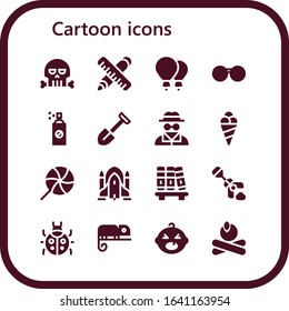 Modern Simple Set of cartoon Vector filled Icons. Contains such as Skull, Ruler, Balloons, Sunglasses, Insecticide, Shovel, Invisible man and more Fully Editable and Pixel Perfect icons.