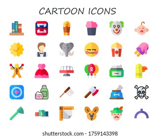 Modern Simple Set of cartoon Vector flat Icons. Contains such as bookshelf, fangs, sarcophagus, popcorn, clown, cry, sticker, croupier and more Fully Editable and Pixel Perfect icons.