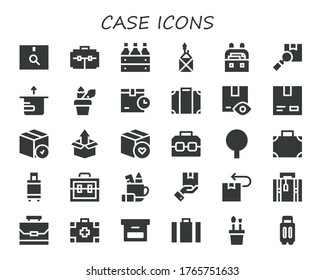 Modern Simple Set of case Vector filled Icons. Contains such as Package, Suitcase, Beer box, Case, Pencil case, Luggage, Cardboard and more Fully Editable and Pixel Perfect icons.