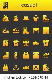 Modern Simple Set of casual Vector filled Icons. Contains such as Backpack, Shorts, Suspenders, Boots, Hanger, Shoe, Boot, Bolero and more Fully Editable and Pixel Perfect icons.