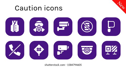 Modern Simple Set of caution Vector filled Icons. Contains such as Vest, Gas mask, Cctv, No phone, Saw, No calls, Road sign, Surveillance and more Fully Editable and Pixel Perfect icons.
