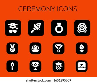 Modern Simple Set of ceremony Vector filled Icons. Contains such as Mortarboard, Medal, Torch, Cap, Trophy, Ring, Graduation and more Fully Editable and Pixel Perfect icons.