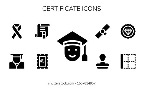 Modern Simple Set of certificate Vector filled Icons. Contains such as Graduated, Stamp, Certificate, Graduate, Ribbon, Border and more Fully Editable and Pixel Perfect icons.
