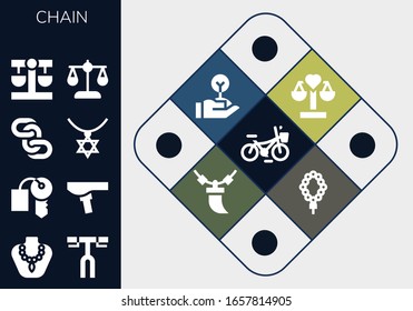 Modern Simple Set of chain Vector filled Icons. Contains such as Bicycle, Necklace, Handlebar, Hotel key, Saddle, Chains, Balance and more Fully Editable and Pixel Perfect icons.