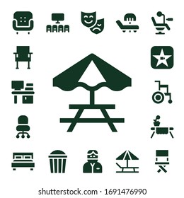 Modern Simple Set of chair Vector filled Icons. Contains such as Armchair, Chair, Desk, Picnic table, Desk chair, Movie, Wheelchair and more Fully Editable and Pixel Perfect icons.