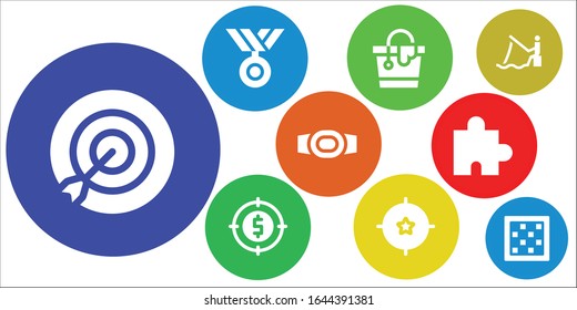 Modern Simple Set of challenge Vector filled Icons. Contains such as Target, Medal, Bucket, Champion belt, Puzzle, Fishing, Chess board and more Fully Editable and Pixel Perfect icons.
