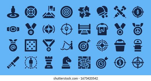 Modern Simple Set of challenge Vector filled Icons. Contains such as Target, Champion belt, Medal, Baton, Dart, Chess board, Achievement and more Fully Editable and Pixel Perfect icons.