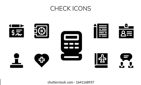 Modern Simple Set of check Vector filled Icons. Contains such as Cash register, Red cross, Safe, Stamp, Cheque, Agreement, Accreditation and more Fully Editable and Pixel Perfect icons.