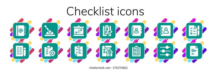 Modern Simple Set of checklist Vector filled Icons. Contains such as Agenda, Shopping list, Control, Clipboard, Boarding, List and more Fully Editable and Pixel Perfect icons.