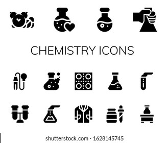 Modern Simple Set of chemistry Vector filled Icons. Contains such as Pills, Love potion, Science, Flask, Test tube, Pipette, Lab coat and more Fully Editable and Pixel Perfect icons.