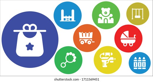 Modern Simple Set of childhood Vector filled Icons. Contains such as Bib, Trampoline, Teddy bear, Rattle, Water gun, Carriage and more Fully Editable and Pixel Perfect icons.