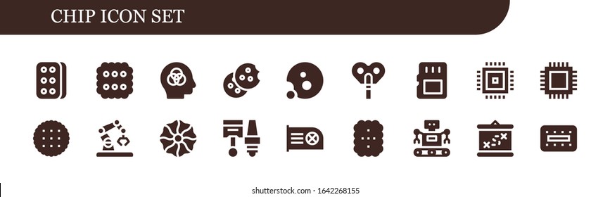 Modern Simple Set of chip Vector filled Icons. Contains such as Biscuit, Intelligence, Cookie, Automaton, Memory card, Cpu, Robot and more Fully Editable and Pixel Perfect icons.