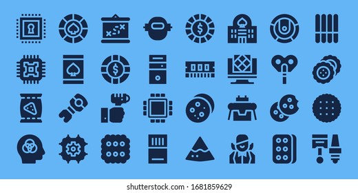 Modern Simple Set of chip Vector filled Icons. Contains such as Chip, Cpu, Chips, Intelligence, Casino, Online gambling, Stem and more Fully Editable and Pixel Perfect icons.