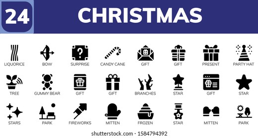 Modern Simple Set of christmas Vector filled Icons. Contains such as Liquorice, Bow, Surprise, Candy cane, Gift, Present, Party hat and more Fully Editable and Pixel Perfect icons.