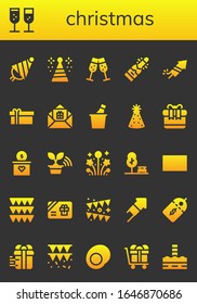Modern Simple Set of christmas Vector filled Icons. Contains such as Party hat, Champagne, Fireworks, Gift, Tree, Park, Gift card and more Fully Editable and Pixel Perfect icons.