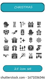 Modern Simple Set of christmas Vector filled Icons. Contains such as Mitten, Liquorice, Candle, Present, Champagne, Bow, Fireworks and more Fully Editable and Pixel Perfect icons.