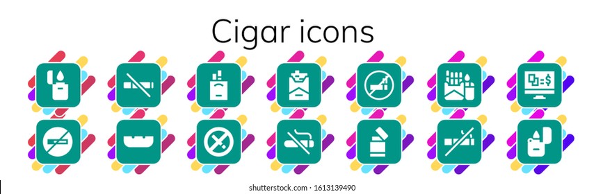 Modern Simple Set of cigar Vector filled Icons. Contains such as Lighter, No smoking, No smoke, Ashtray, Cigarettes, Cigarette and more Fully Editable and Pixel Perfect icons.