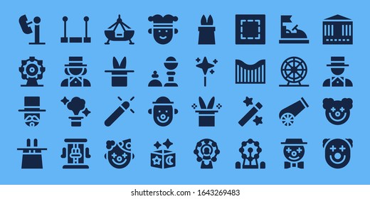 Modern Simple Set of circus Vector filled Icons. Contains such as Amusement park, Ferris wheel, Magician, Magic hat, Trapeze, Magic and more Fully Editable and Pixel Perfect icons.