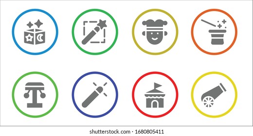 Modern Simple Set of circus Vector filled Icons. Contains such as Magic, Amusement park, Magic wand, Joker, Circus, Magician, Cannon and more Fully Editable and Pixel Perfect icons.